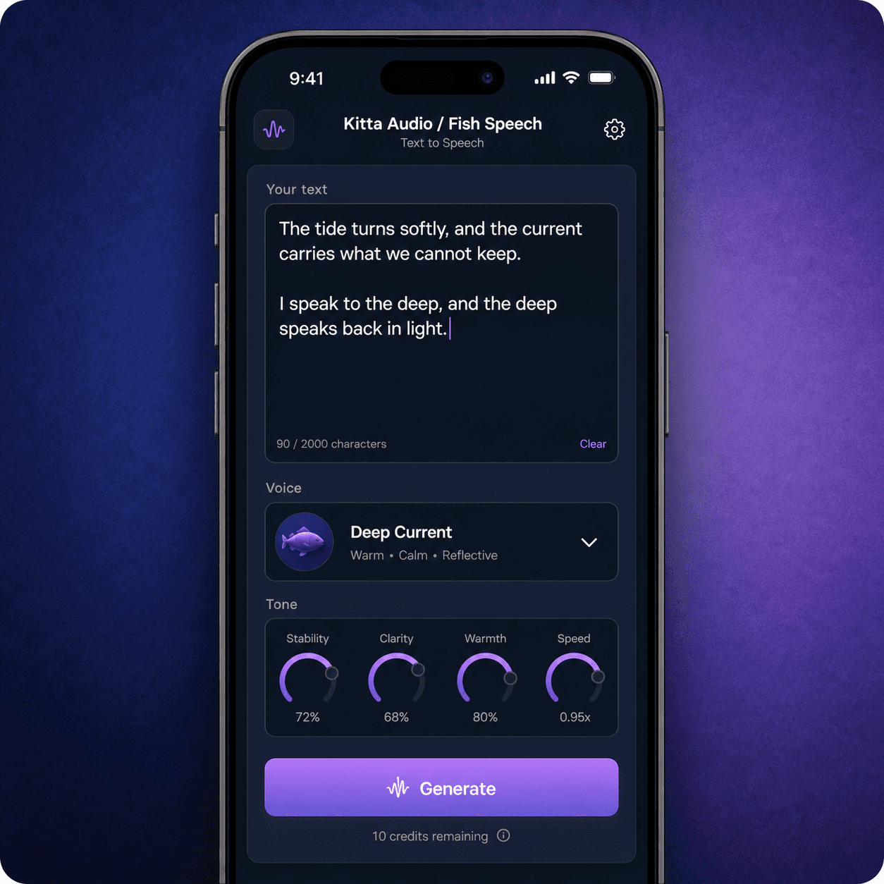 Text-to-speech creation screen in the Kitta AI mobile app