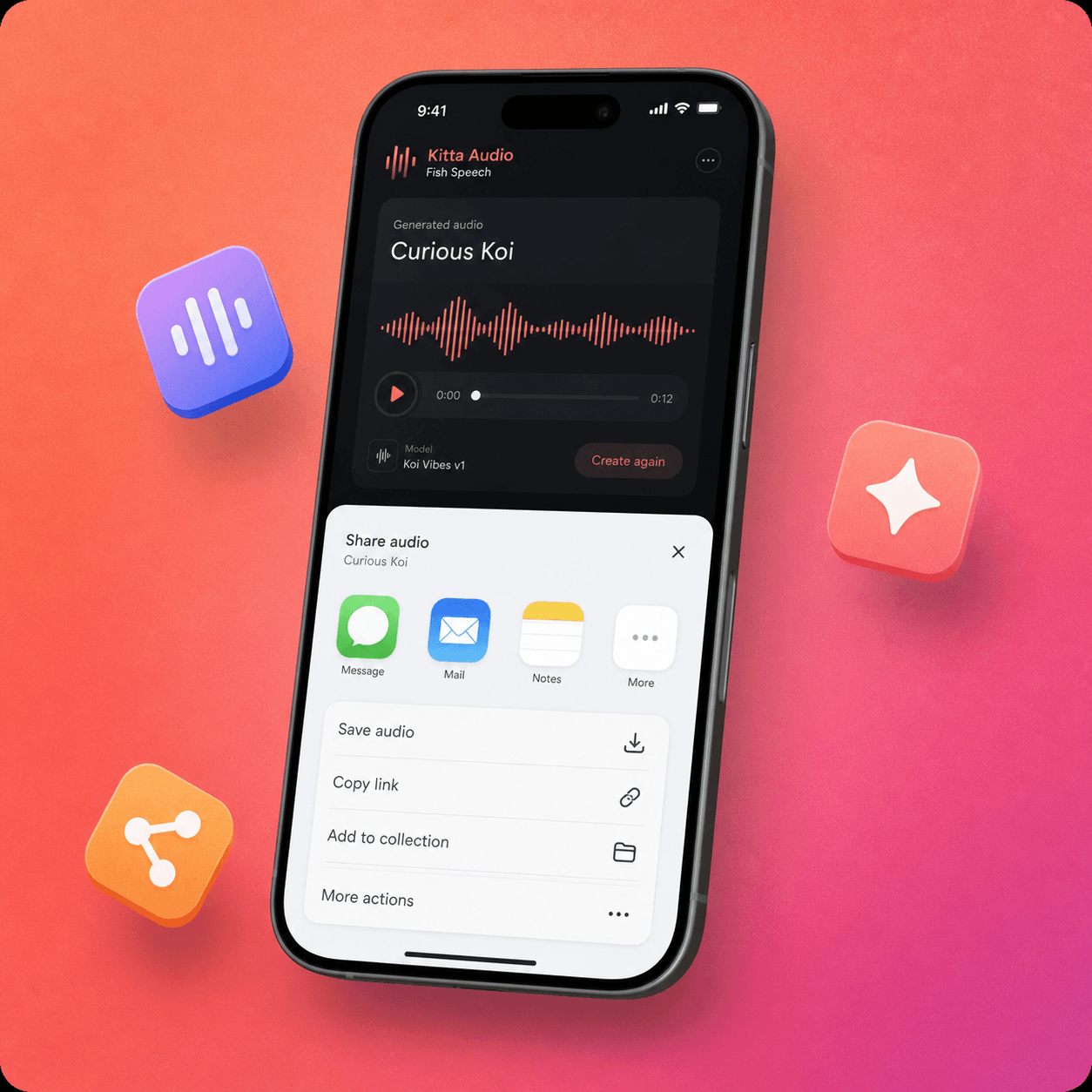 Audio sharing sheet in the Kitta AI mobile app